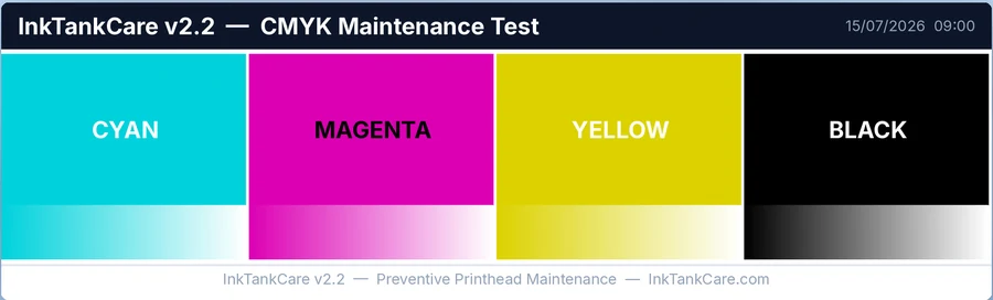 Striscia di test CMYK stampata da InkTankCare